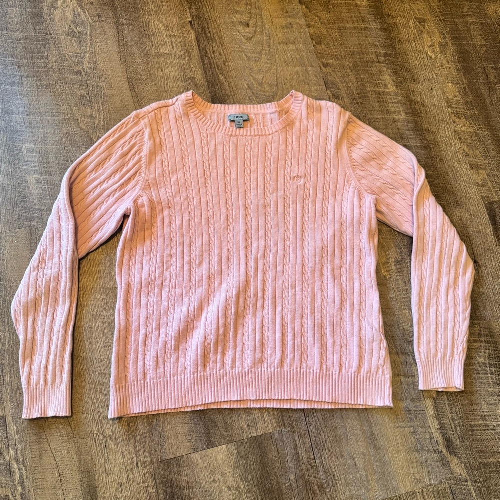 IZOD Womens XL Pink Cable Knit Crewneck Sweater 100% Cotton Long Sleeve Pullover